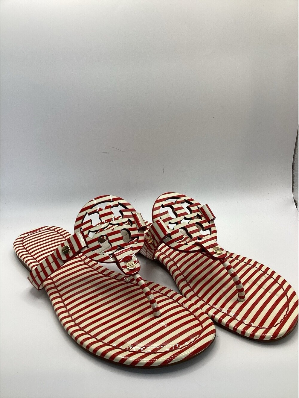 TORY BURCH MILLER Red White Stripe Thong Flip Flops Flats Sandals Womens 8.5
